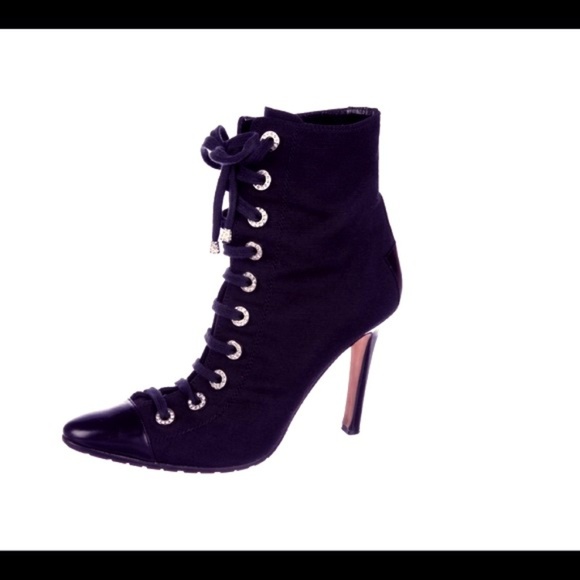 Black canvas Manolo Blahnik round-toe ankle boots